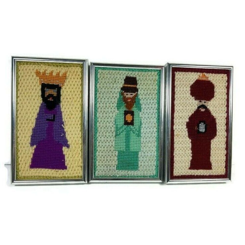 Cross Stitch 3 Wisemen Framed Vintage Christmas Holiday Jesus‎